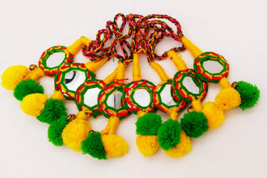 Yellow and Green Pompoms Tassels, Dangles with Mirror And Pom Poms, Keyring
